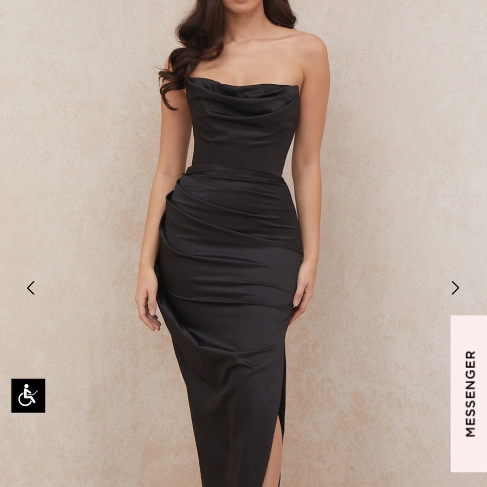 House of CB Adrienne Black Maxi Dress (Satin w/ Slit)